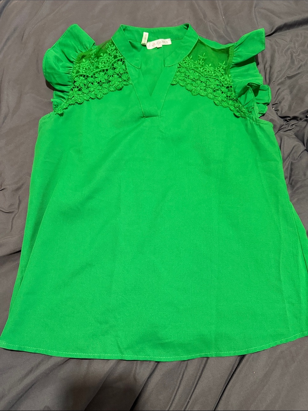 Green Crochet-Trim V-Neck Flutter Sleeve Blouse